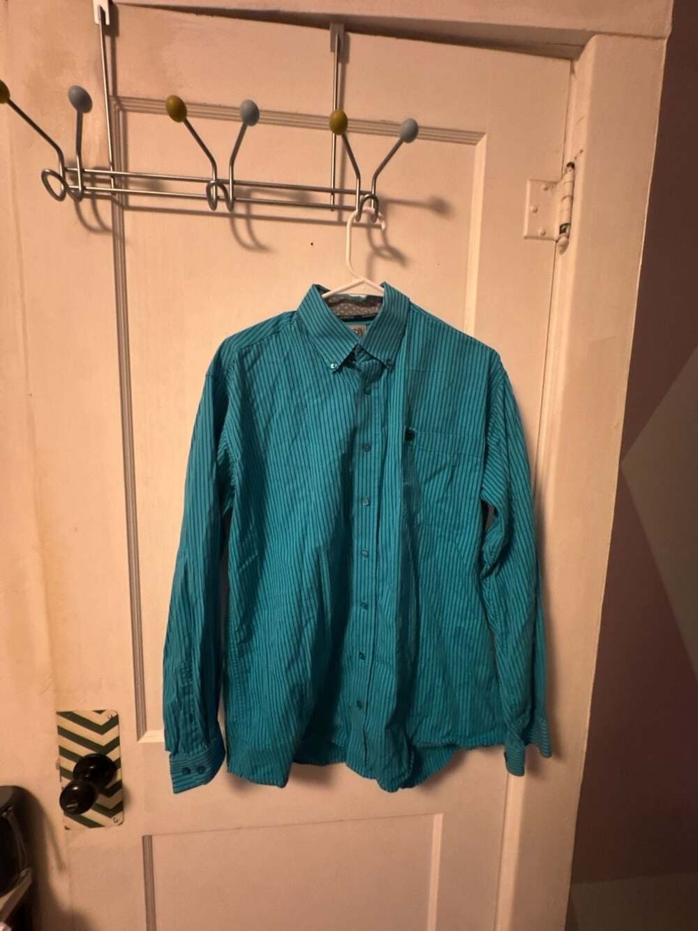 Cinch Men's Turquoise Striped Long Sleeve Button-Up Shirt Size S